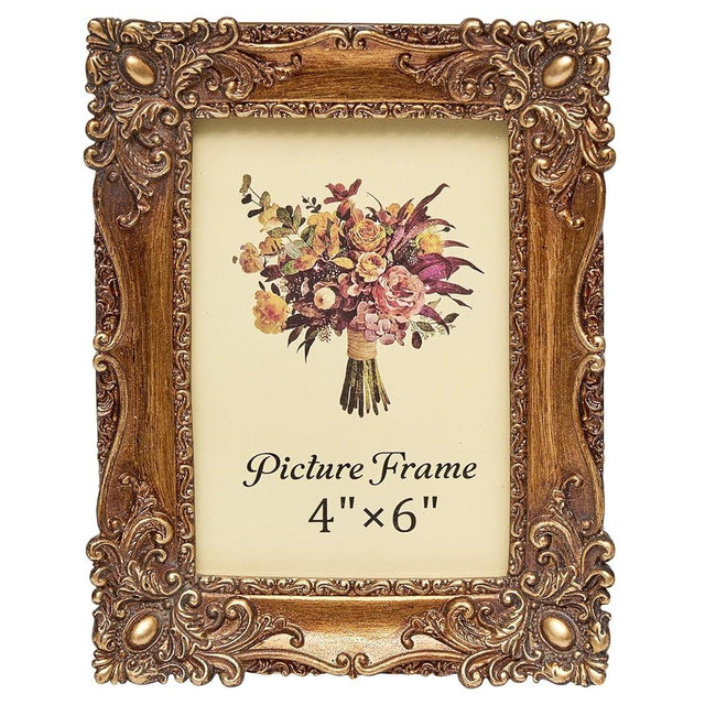 JANDERART Vintage Picture Frame 4x6 Inch, Antique Ornate Photo Frames with Glass Front, Retro Carving, Tabletop & Wall Hanging, Photo Gallery, Gift Ideas, Gold