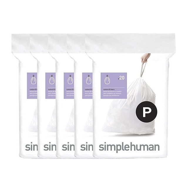 simplehuman Code P Custom Fit Drawstring Trash Bags in Dispenser Packs, 20 Count (Pack of 5) , 50-60 Liter / 13.2-15.9 Gallon, White
