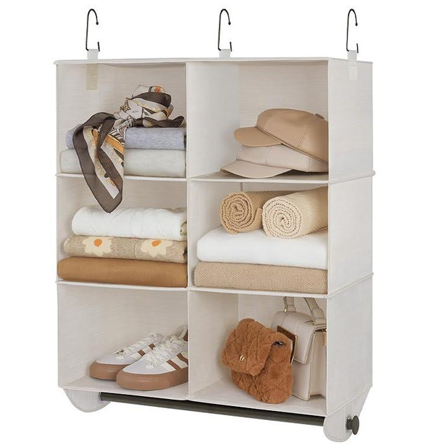 StorageWorks Hanging Closet Organizer with Garment Rod, 6-Section Closet Hanging Shelves, Hanging Clothes Cube Organizer, White & Ivory, 24 ½" L x 12 ¼" W x 33 ½" H