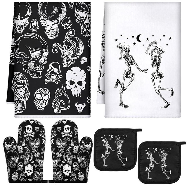 Leinuosen 6 Pcs Halloween Kitchen Towels Oven Mitts and Pot Holders Set Skeleton Dish Towels Skull Oven Mitt Set for Halloween for Home Cooking Dish Baking Decorative
