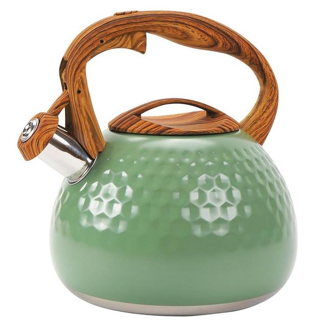 Foedo Stovetop Whistling Tea Kettle 3.2QT - Stainless Steel with Wood Grain Handle, Loud Whistle Kettle for Tea, Coffee & Milk, Ergonomic Grip & Balanced Pour Spout (Emerald Green)