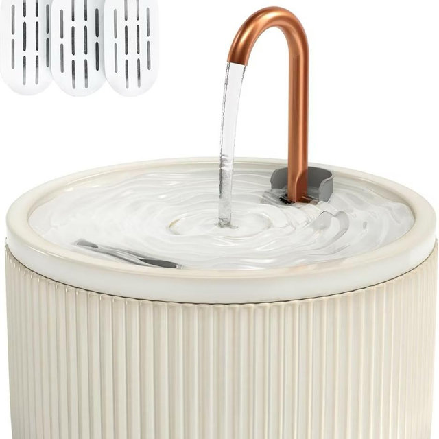 EOX Ceramic with Copper Faucet Dog & Cat Water Fountain, Beige, 71-oz
