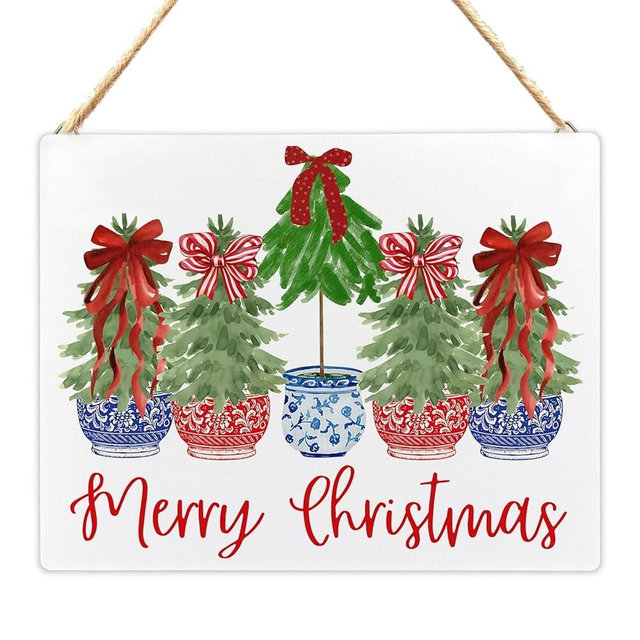 Chinoiserie Christmas Vase Tree Red Bow Wooden Wall Hanging Sign, Merry Christmas Decor for Front Door Porch, 8x10 Inch