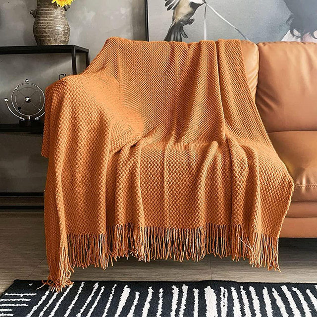 LOMAO Knitted Throw Blanket with Tassels Bubble Textured Lightweight Throws for Couch Cover Home Decor (Orange, 50x60)