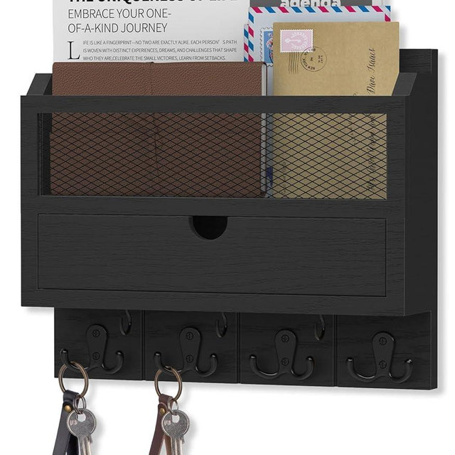 Nekon Mail Organizer with Drawer for Wall, 12"W x 10"H x 3.1"D Mail Sorter Wall Mounted, Wooden Key Holder Wall File Organizer Letter Sorter for Letter Magazines (Black)