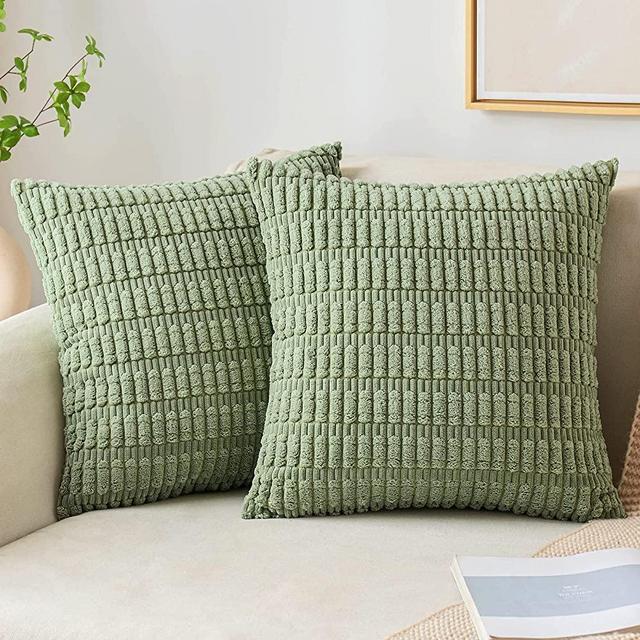 MIULEE Pack of 2 Corduroy Decorative Throw Pillow Covers 18x18 Inch Soft Boho Striped Pillow Covers Modern Farmhouse Home Decor for Spring Sofa Living Room Couch Bed Sage Green