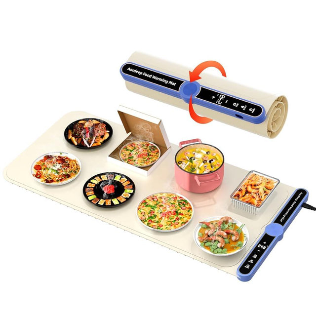 Silicone Food Warmers for Parties Buffet XL:32''X15'' Extra Large Warming Mat for Food 450W Max 248°F Portable Rolled-up Even Heating in 8S 9-Level Temp Auto Power Off-Beige