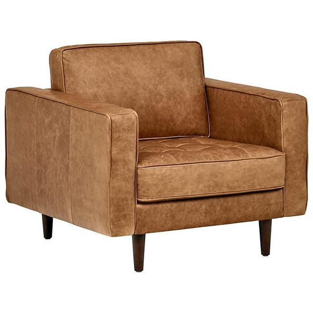 Rivet Aiden Tufted Mid-Century Modern Leather Accent Chair, 35.4"W, Cognac