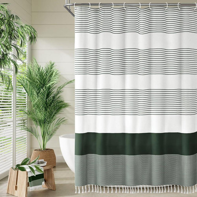 Awellife Dark Green Shower Curtain for Bathroom Boho Stripe Shower Curtain with Tassel 72 X 72 Inches Farmhouse Linen Cotton