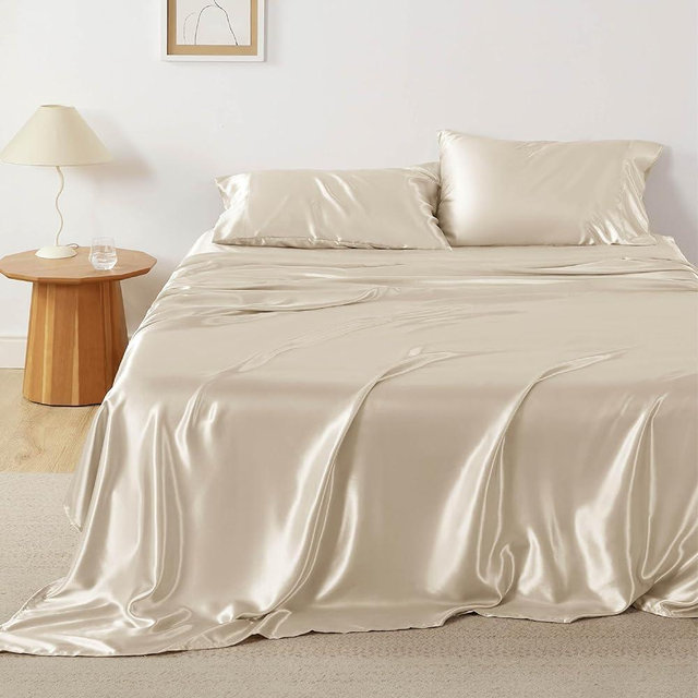 Bedsure Satin Sheets King - Similar to Silk Sheets, Silky Bedsheet, Luxury & Ultra Soft, Non-Fading & Wrinkle Free, Good for Hair & Skin, Gifts for Women, 4 Pieces, Cream