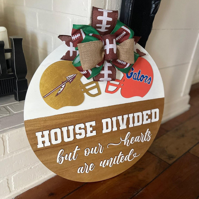 Handmade Football Door Hanger “House Divided But Our Hearts Are United” customize teams NFL ACC SEC College Football