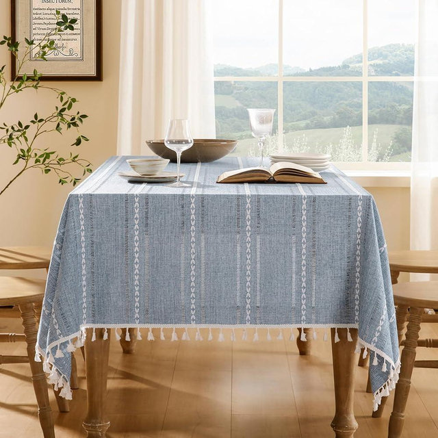 ZeeMart Hemstitched Embroidery Striped Boho Tablecloth 54x70 Inch Blue, Heavy Weight Farmhouse Burlap Linen Blue Tablecloth, Wrinkle Resistant Washable Table Cloth for Rectangle Table