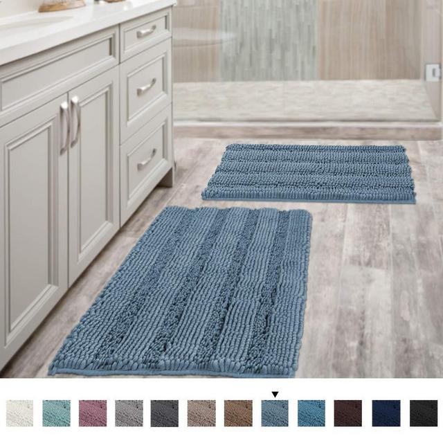 Extra Thick Chenille Striped Pattern Bath Rugs for Bathroom Non Slip - Soft Plush Shaggy Bath Mats for Bathroom Floor, Indoor Mats Rugs for Entryway(Stone Blue, 32 x 20 Plus 24 x 17 - Inches)