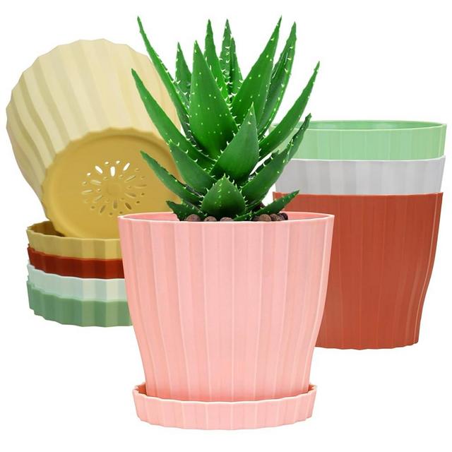 KAHEAUM 6 inch Flower Pots for Plants with Drainage Holes and Saucer, 5 Pack Plastic Plant Pots Indoor Planters for Outdoor Plants Small Garden House Home Decor, Nursery Pots for Succulent Colorful