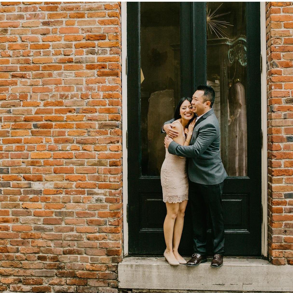 Our first professional photo shoot picture, and Erik was trying to keep me warm. 
Old Sacramento. Feb 2, 2019.
