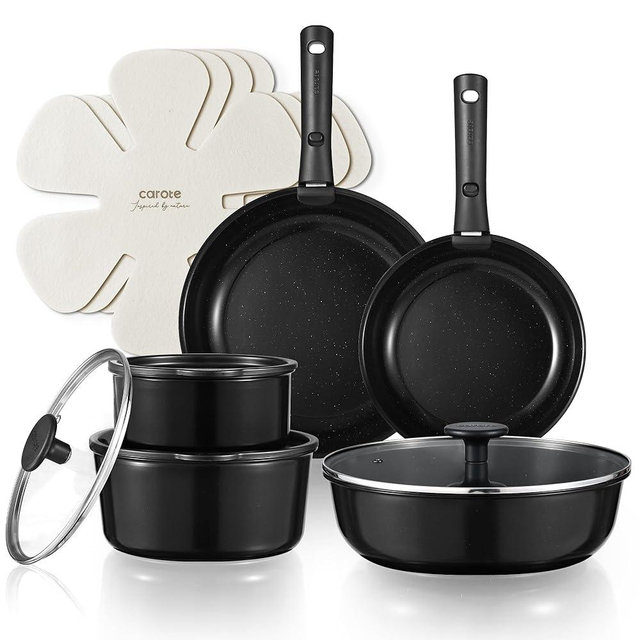 CAROTE 15pcs Ceramic Cookware Set, Pots and Pans Set Non Stick, Induction Kitchen Sets, Non Stick RV Pot Set with Detachable Handle, Dishwasher/Oven Safe, Black