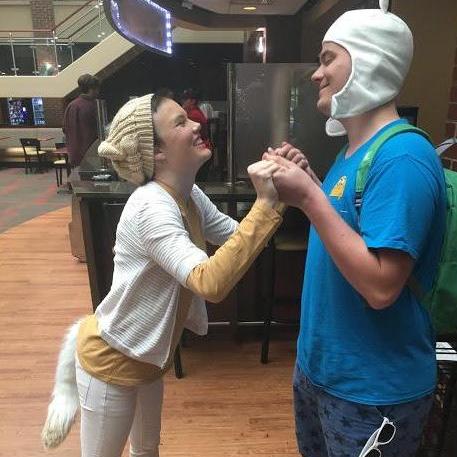 Cake the Cat and Finn the Human! Adventure Time costumes for Halloween right after we finished watching through the show together.