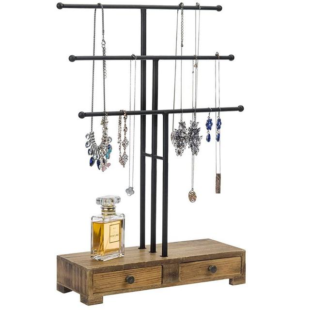 MyGift 3-Tier Black Metal T-Bar Jewelry Necklace Display Stand with Wooden Base & Ring Drawers