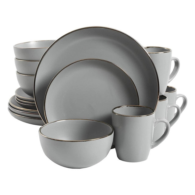 Gibson Home Rockaway Round Stoneware Coupe Edged Dinnerware Set, Service for 4 with Dinner Plates, Dessert Plate, Bowls, & Mugs, Grey w/ Metallic Rim