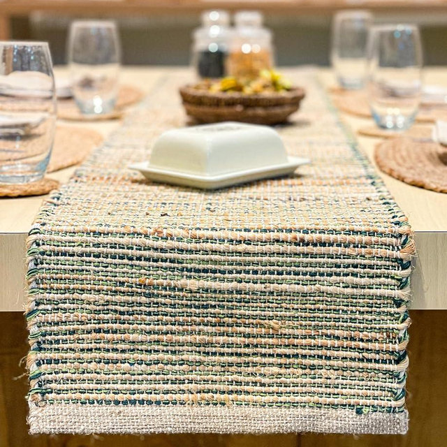 Chardin home Natural Jute Table Runner 13x90 Inch – Vintage Boho Rustic Table Decor – Handwoven Table Runner in Natural Jute and Green – Farmhouse Dining or Console Table Accent