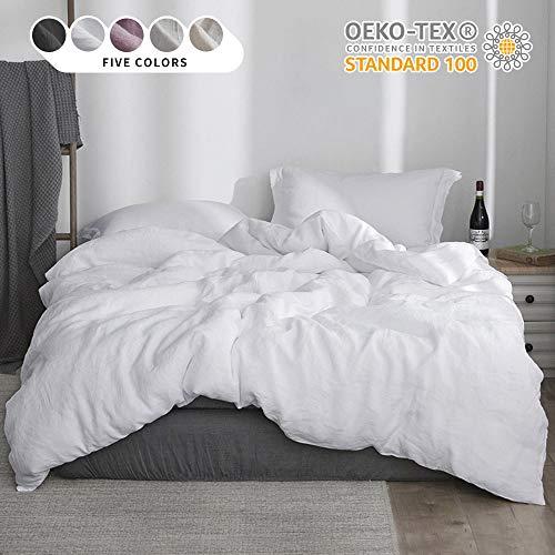 Simple&Opulence 100% Linen Stone Washed 3pcs Basic Style Solid Duvet Cover Set (King, White)