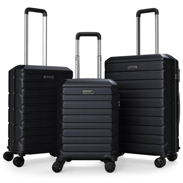 Costway 3-Piece Hardside Luggage Set with 8-Spinner Wheels, 3-Digital Lock Black