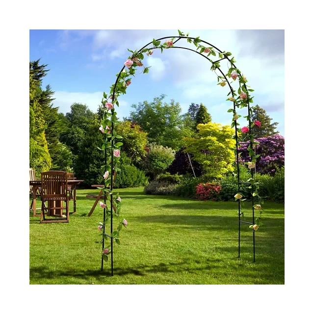 2.4m Tall Freestanding Arch Wedding Garden Archway Solid Black Metal Climbing Plants Support Frame Trellis Ground for Outdoor Patio