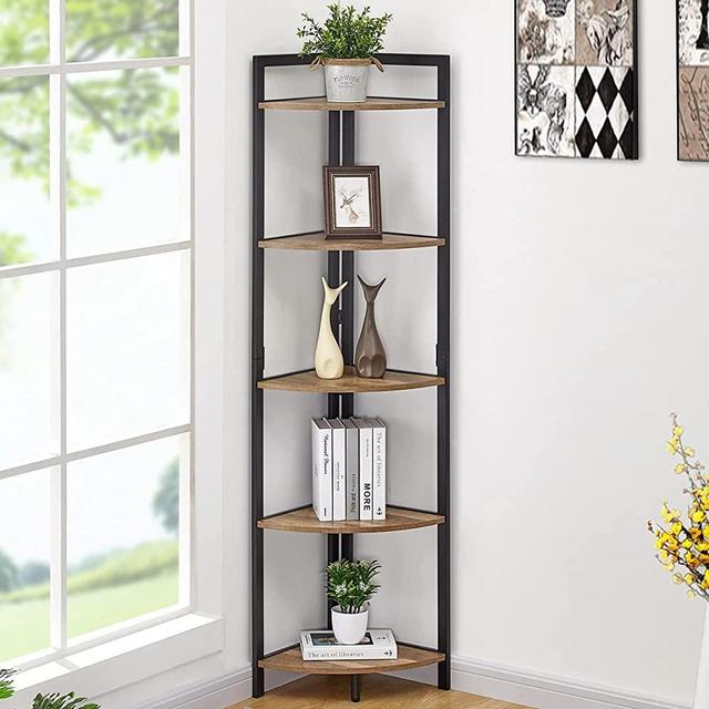 FATORRI Industrial Corner Bookshelf, 5 Tier Tall Corner Bookcase, Wood and Metal Corner Shelf Stand (Rustic Oak)…