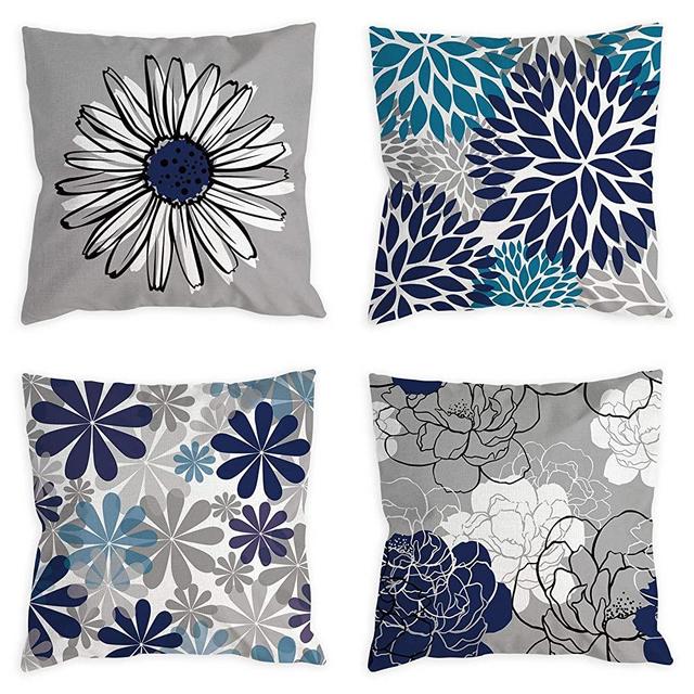 COLORPAPA Blue Pillow Covers 18x18 Set of 4 Grey Decorative Throw Pillow Cover for Couch Modern Daisy Pillows Case for Living Room Cushion Bed Outdoor Navy Blue and Gray Home Decor