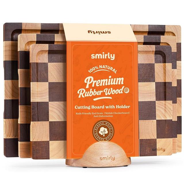 SMIRLY Wood Cutting Boards for Kitchen Wooden Chopping Board Set Reversible with Deep Juice Grooves Grip Handles, Large Charcuterie Tray for Home Kitchen, Rubber Wood, 3Pcs with Holder