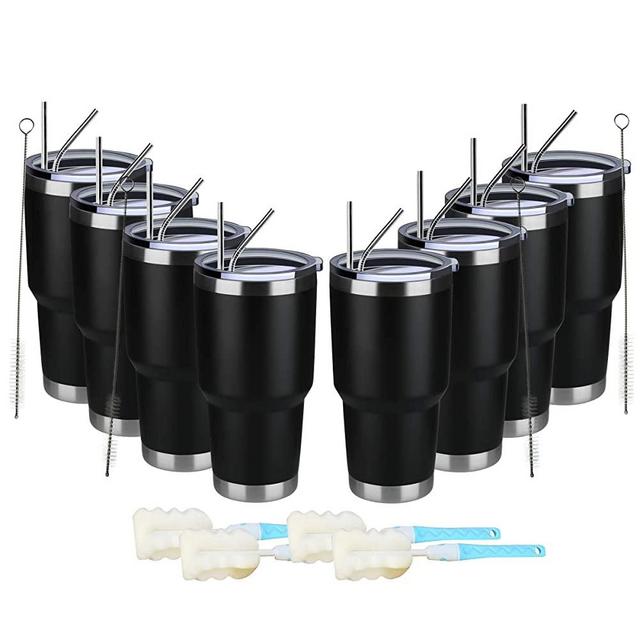 MEWAY 30oz/8 Pack Double Wall Vacuum Insulated Travel Mug, Stainless Steel Tumbler with Lid, Straw, Brush, Durable Powder Coated Insulated Coffee Cup for Cold & Hot Drinks (Black, 8)