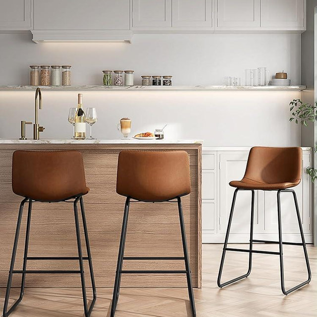 Aowos Bar Stools Set of 3, 26 Inches Counter Height Bar Stools with Back, Modern Faux Leather Barstools with Metal Legs and Footrest, Bar Chairs for Kitchens Island (Dark Brown)