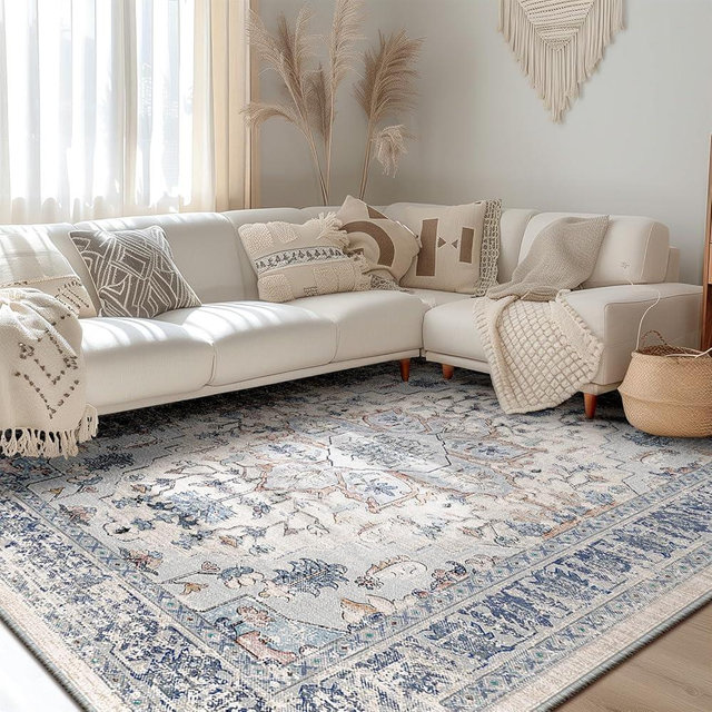 BESTSWEETIE Area Rug 8x10 Rugs for Living Room 8 x 10 Washable Rugs Non Slip Vintage Boho Living Room Rugs for Bedroom Dining Room, Distressed Floral Pattern Carpet, Beige Blue