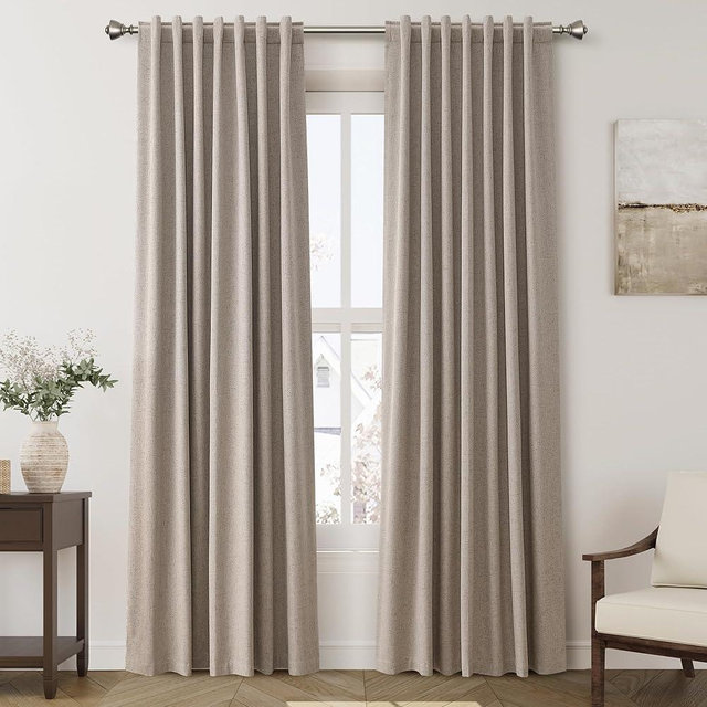 100% Blackout Linen Curtains 84 Inch Length 2 Panels Light Taupe Light Blocking Darkening Living Room Curtains 84 Inches Long Elegant Modern Back Tab Pocket Noise Reducing Drapes for Nursery 52X84
