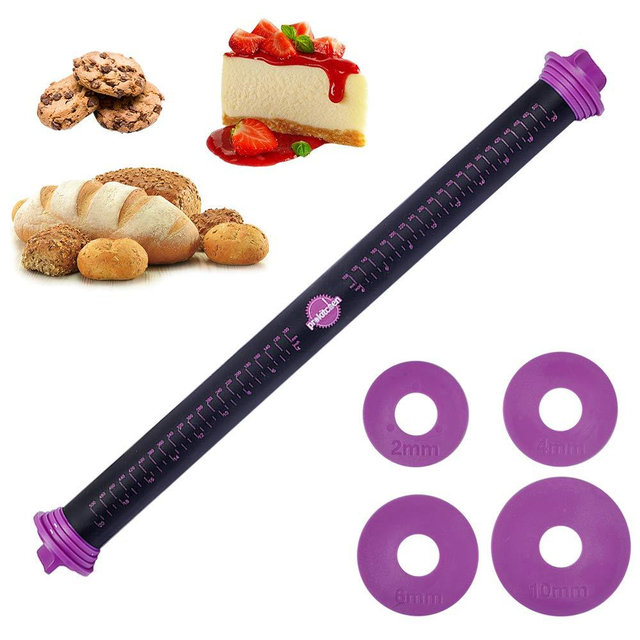 PROKITCHEN Silicone Rolling Pin with Thickness Rings, 23.6 inch Large Rolling Pin for Baking Fondant, Dough, Pasta, Cookie, Pizza, Dumpling (Purple Long Rolling Pin)
