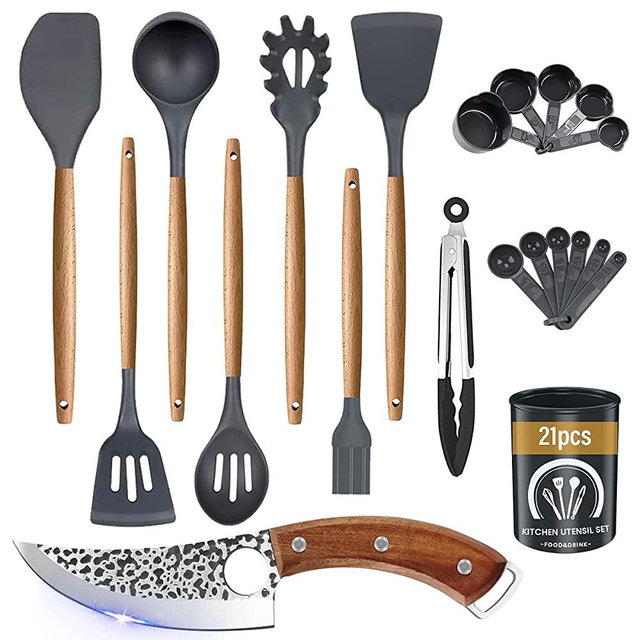 Adampark Silicone Kitchen Cooking Utensils Set with Boning Knife,21Pcs Non-Stick Silicone Kitchen Spatula Gadgets Set Wooden Handles BPA Free Non Toxic Heat Resistant,Turner Tongs,Spoon,Brush,(Gray)