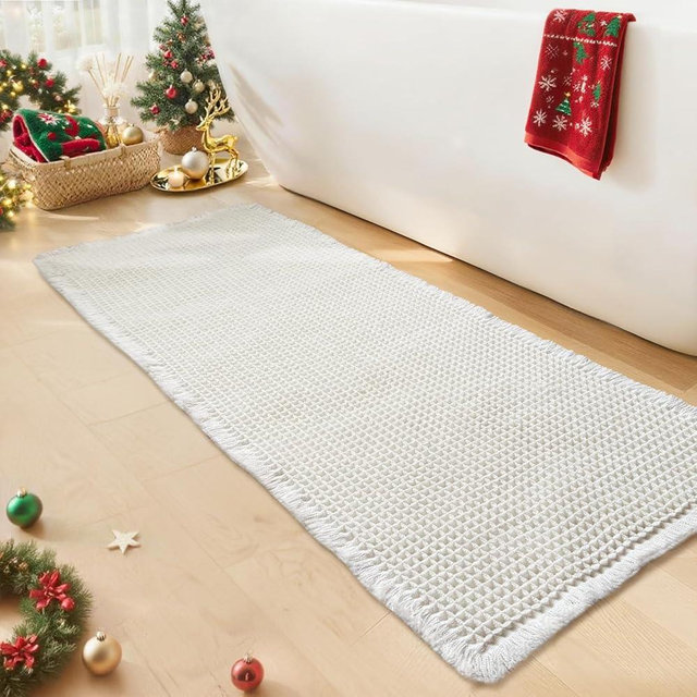 GRLYUH White Long Bathroom Rugs, Waffle Runner Bath Mat Non Slip Washable, Super Absorbent & Quick Dry, Boho Bath Mat Farmhouse Bathroom Decor, 24'' x 60'', White