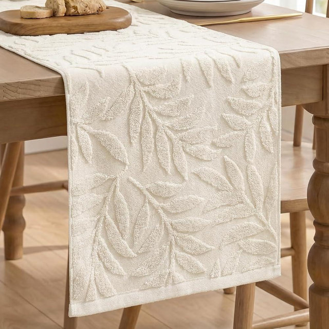 Artoid Mode Beige Soft Cotton Jacquard Leaves Spring Table Runner, Holiday Kitchen Dining Table Decoration for Home Party Decor 13x72 Inch