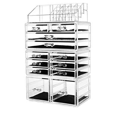 hblife Makeup Organizer Acrylic Cosmetic Storage Drawers and Jewelry Display Box with 12 Drawers, 9.5" x 5.4" x 15.8", 4 Piece