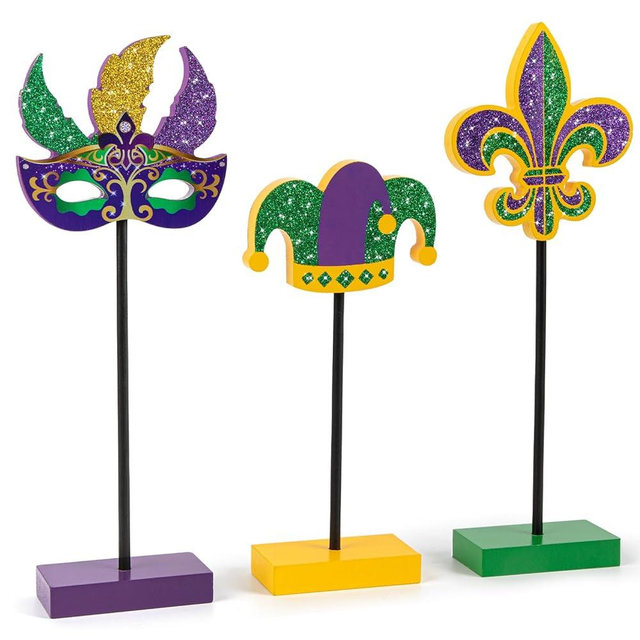 3 Pieces Mardi Gras Tiered Tray Decor Wood Set, Glitter Mardi Gras Table Decor,Rustic Mardi Gras Table Decorations for Party Home Room (Mardi Gras)