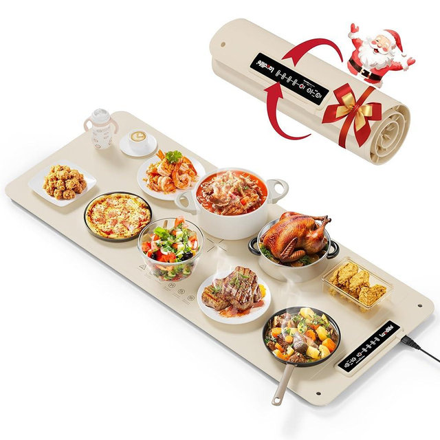 Extra Large Food Warming Mat for Countertop (XXL 36”x16”) - Full-Surface Heating Pad with 4 Temps Settings, Ideal for Buffet Party Food Warmer, Roll-Up Electric Warming Tray for All Gathering, Beige