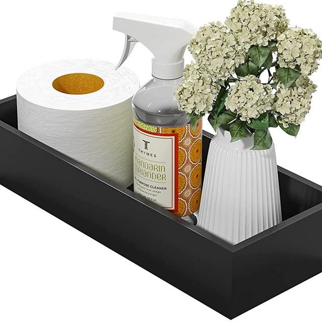Bathroom Vanity Tray Bamboo Tray - Guest Towel Organizer Holder Tray Wood Sink Tray, Toilet Tank Tray Perfume Tray for Home Decoration 15” L x 6” W x 3” H (Black)