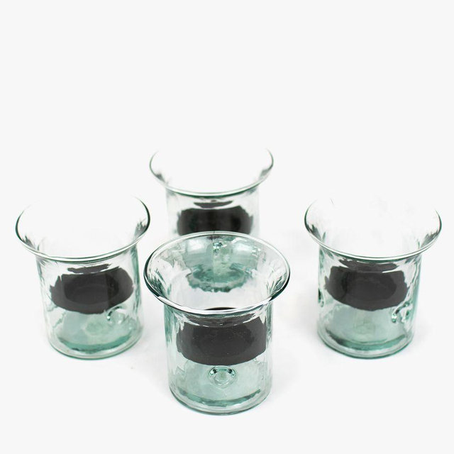 Handmade Mini Glass Hurricane With Rustic Tray, Set Of 4