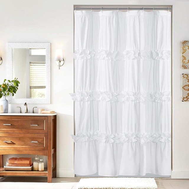 Homechoice Decor Ruffle Stall Shower Curtain, Vintage Handcrafted Bow Tie Bath Curtain for Master Bathroom, Ruched Microfiber Bathroom Curtain with 8 Buttonholes, 48" W x 72" H, White (LQ-10)
