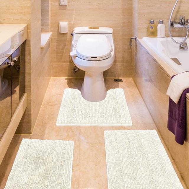 ACCUMTEK Striped Ice Cream Bathroom Rug Set 3 Pieces Ultra Soft, Non Slip Chenille Toilet Mat, Absorbent Plush Shaggy Bath Mats for Bathroom, Bedroom, Kitchen