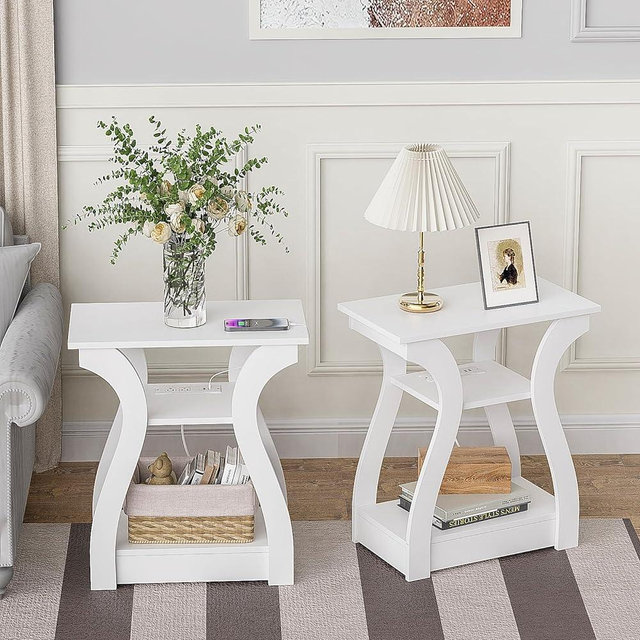 FROMJBEST End Table Set of 2 with Charging Station, Side Table with USB Ports and Outlets, Nightstand, 3 Tier End Table with Storage Shelf for Living Room, Bedroom(White Set of 2)