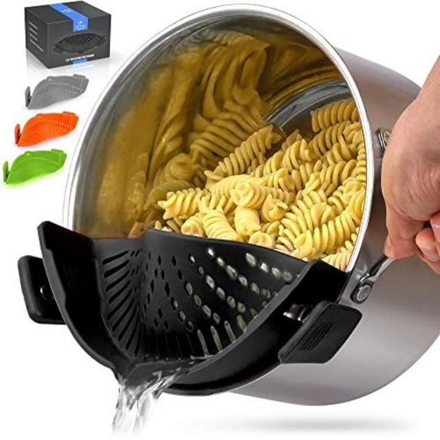 Zulay Silicone Pot Strainer - Adjustable Snap On Strainer For Most Pots & Pans - Food Grade, Heat Resistant Pot Strainer Clip On Silicone Colander For Draining Pasta, Fruits, Vegetables (Black)