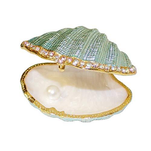 MICG 3 inch Vintage Pearl Mussel Hinged Trinket Box Wedding Ring Holder Metal Seashell Figurine Mother's Gift