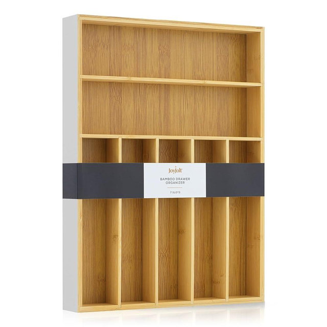 JoyJolt Bamboo Drawer Organizer, 7-Compartment Silverware Organizer, Cutlery and Utensil Organizer, Drawer Organizers for Garage, Kitchen, and Bathroom, Organizer Drawers for Kitchen Utensils