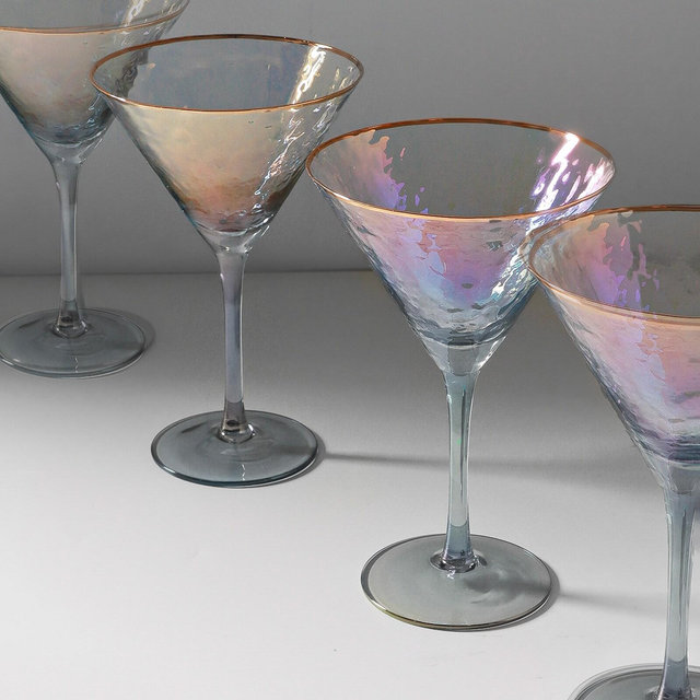 G Decor Set of 4 Handmade Iridescent Grey Hammered Martini & Cocktail Glasses with Gold Rim